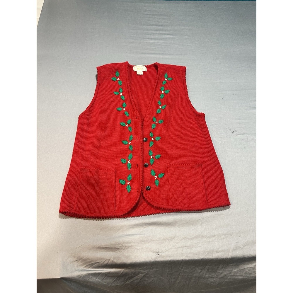VTG Tally-Ho Pollak Red Christmas Holly Sleeveless Sweater Cardigan‎ Vest M
